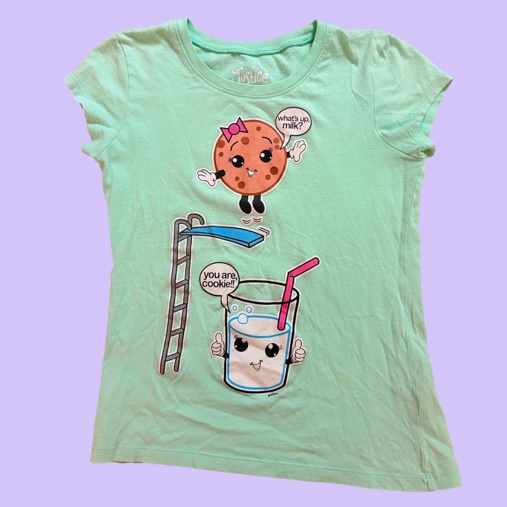 Y2K Justice Girls Mint Green Cookie and Milk Graphic Baby Tee Scene #19
